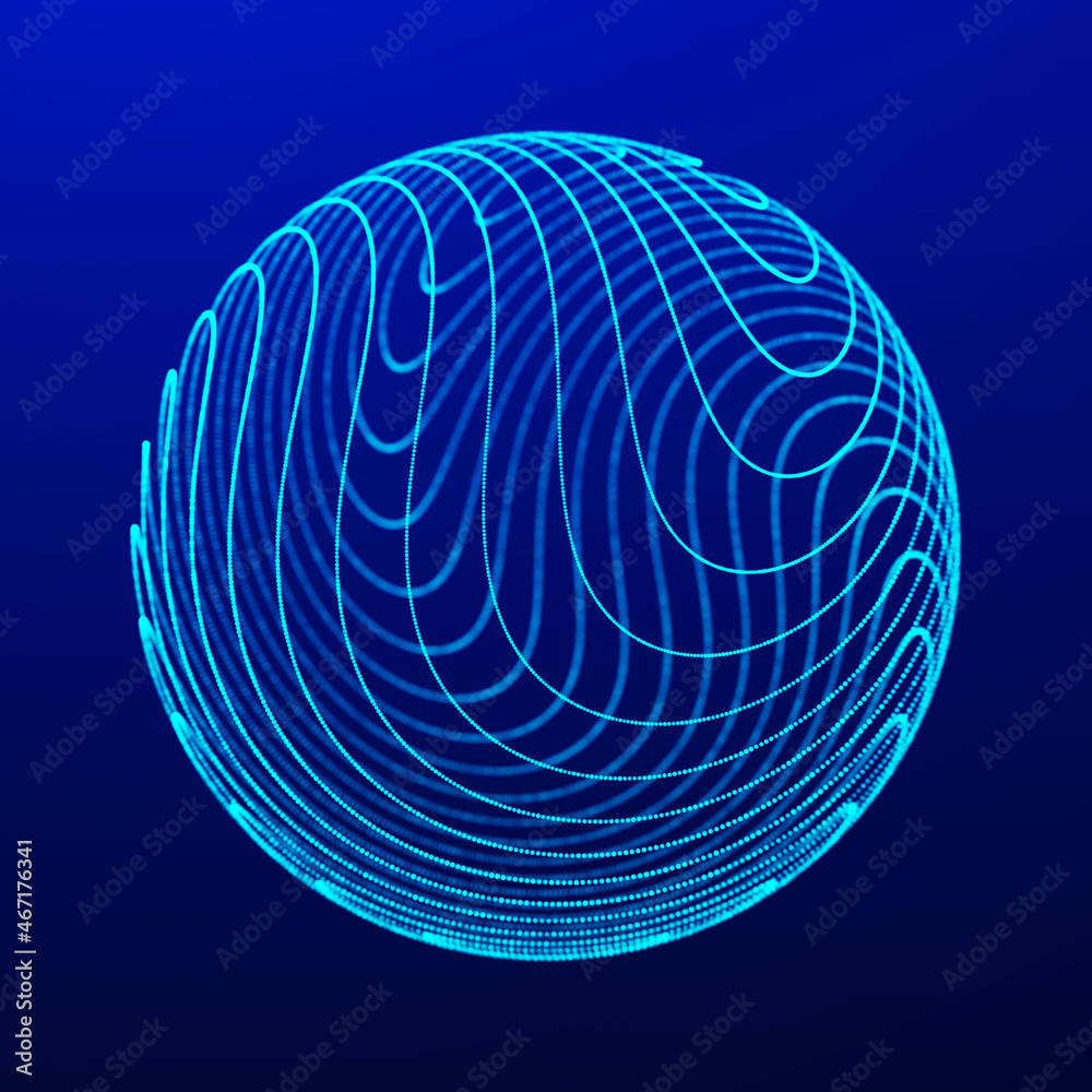 Poster Sphere with twist lines. Spherical waveform. HUD element. Network connection structure. 3D rendering.