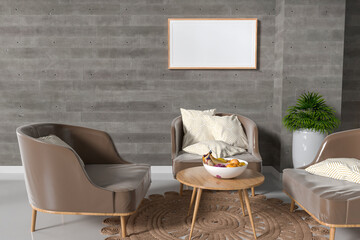 3D illustration Mockup photo frame in lounge room rendering