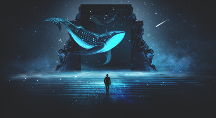 Abstract night fantasy landscape with an island, a whale in the sky, a dark fantasy scene, an unreal world, a fish, a whale, a sperm whale. Reflection of neon light, water, depths of the sea. 3D  © MiaStendal