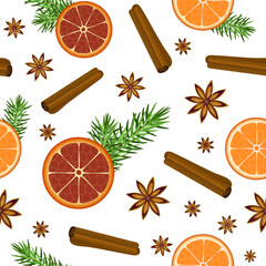 Fototapeta na wymiar A winter fragrance seamless pattern, oranges, pine branches, anise stars and cinnamon sticks scattered on white background, Christmas season repeat pattern