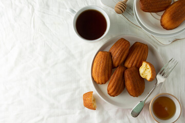 Madeleine cakes, french pastry. Served with cup of tea and honey. Breakfast. Copy space.