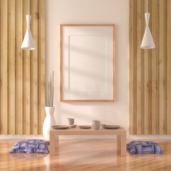 3D illustration Mockup photo frame in living room rendering
