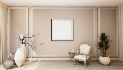 3D illustration Mockup photo frame in living room rendering