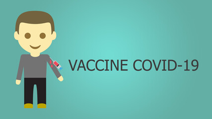 Illustration of vaccination from covid 19. A man with a syringe and vaccine.