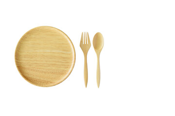 Top view of wood dish, spoon and fork. Ideal natural eco-friendly plate / kitchen utensil for serving food and gourmet cuisine or dessert. Isolated on white background. Made of rubber wood / para wood