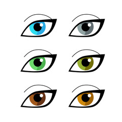 Set of woman eyes of different colors. Diversity of natural colors of human eyes. Vector illustration isolated on white.