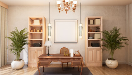 3D illustration Mockup photo frame in working area rendering