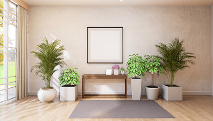 3D illustration Mockup photo frame in working area rendering