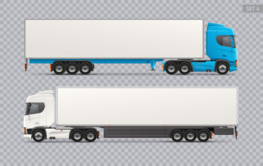 Realistic Trailer Truck side view Vector Blank Mockup set on transparent background. Logistics Transport empty mock-ups cars layout for Branding and Corporate identity design