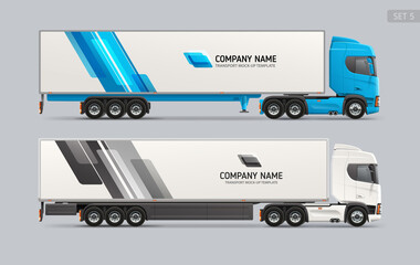 Realistic Trailer Truck side view Mockup set for brand identity design. Logistics Cargo Transport mock-ups layout for Branding and Corporate identity design