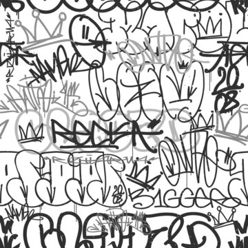 Vector Graffiti street art hip-hop seamless pattern on white background. Hip-Hop style doodle tags - endless background for print fabric and textile design. Spray paint graffiti tags