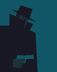 Silhouette of abstract man wearing fedora hat and raincoat with raised collar holding gun. Vintage style illustration.