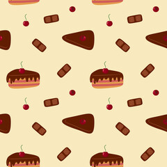 Pattern of sweet delicious cakes. Cartoon style hand drawn vector illustration. Cakes with cream, berries and chocolate. For greeting cards, restaurants and bakery menus.