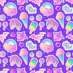 Fototapeta na wymiar Colorful seamless pattern: unicorn, sweets, rainbow, ice cream, lollipop, cupcake, rose, bat. Vector illustration. Stickers, pins, patches. Kawaii pastel colors. Cute gothic style.