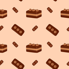 Pattern of sweet delicious cakes. Cartoon style hand drawn vector illustration. Cakes with cream, berries and chocolate. For greeting cards, restaurants and bakery menus.