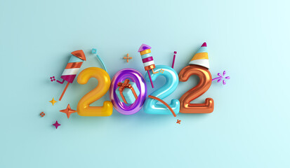 Happy new year 2022 decoration background with firework rocket, gift box, 3D rendering illustration