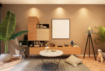 3D illustration Mockup photo frame in lounge room rendering