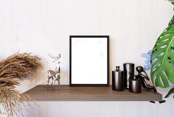 3D mockup photo frame with houseplant rendering