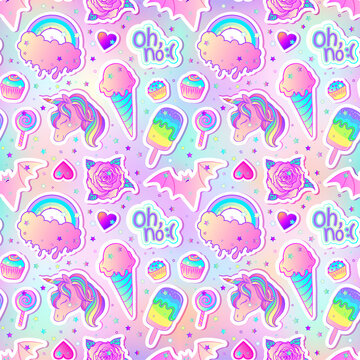 Colorful seamless pattern: unicorn, sweets, rainbow, ice cream, lollipop, cupcake, rose, bat. Vector illustration. Stickers, pins, patches. Kawaii pastel colors. Cute gothic style. © vgorbash