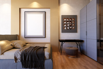 3D illustration Mockup photo frame in bedroom, rendering
