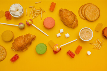Flat lay composition with different tasty candies on color yellow background. Sweet, dessert, diet concept.
