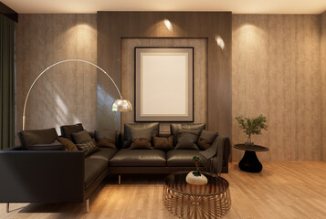 3D illustration Mockup photo frame in living room rendering