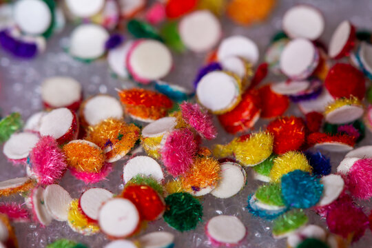 Close view of multi colored Bindi Sticker used mostly by indian females to stick in their forehead.