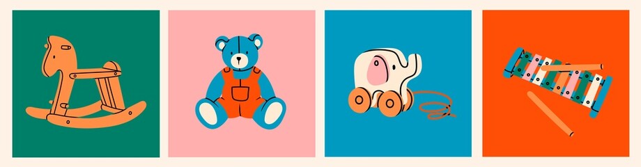 Various Toys for kids. Wooden rocking horse, teddy bear, elephant on wheels, xylophone. Childhood, children games, preschool activities concept. Isolated icons. Logo templates. Hand drawn Vector set