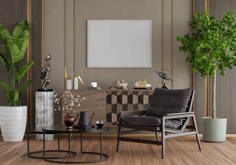 3D mockup photo frame with houseplant in living room rendering