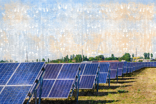 Solar power plant in the field. Rectangular solar panels for energy recycling.