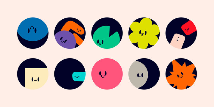Round abstract Icons. Funny comic Faces with various Emotions in circles. Various abstract creatures. Different colorful characters. Cartoon style. Flat design. Hand drawn modern Vector illustration