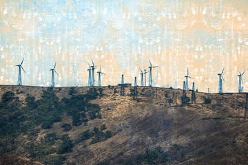 Wind power plant in the mountains. Wind generators installed on a mountain slope. Industry.