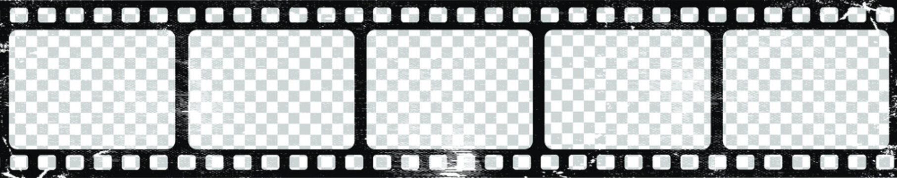Grunge film strips collection on transparent background. Old retro cinema movie strip. Video recording. Vector illustration.