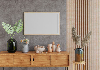 3D mockup photo frame with houseplant in living room rendering