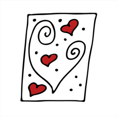 Cute greeting card with hearts. Doodle style. A postcard for lovers. An attribute for Valentine's Day, Birthday, holiday greetings.