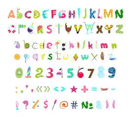 Vector collection of letters, numbers and punctuation marks from the association of the summer objects.