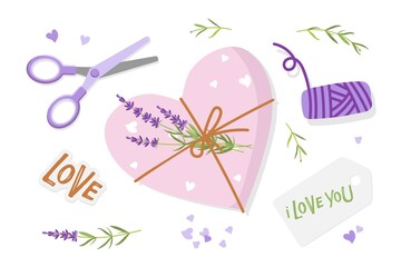 Gift packaging. Preparations for Valentine's Day and Birthday Flat vector isolated. Heart form gift box, scissors, winding threads, lavander plant. Holiday decor.