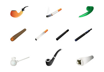 Set of tobacco pipes and cigarettes. Funny masks for web applications.