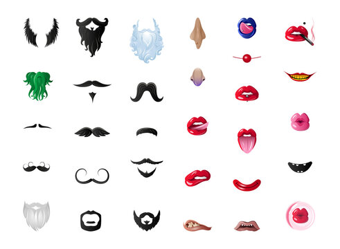 Collection of beards, female seductive lips, mouths. Colorful funny masks for web applications.