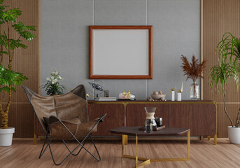 3D mockup photo frame with houseplant in living room rendering