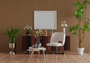 3D mockup photo frame with houseplant in living room rendering