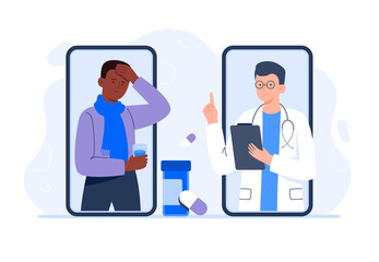 A sick man on online consultation with a doctor. Video call with doctor. Online medical services, consultation and telemedicine concept. Vector flat illustration.
