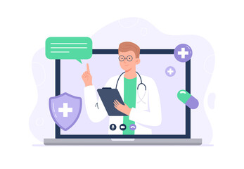 Laptop screen with a male doctor. Video call with doctor. Online medical services, consultation and telemedicine concept. Vector flat illustration isolated on white background.