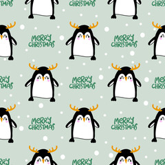 Penguin pattern design with reindeer antlers - funny hand drawn doodle, seamless pattern. Lettering poster or t-shirt textile graphic design. Xmas wallpaper, wrapping paper, packaging, background.
