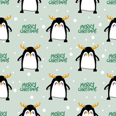Penguin pattern design with reindeer antlers - funny hand drawn doodle, seamless pattern. Lettering poster or t-shirt textile graphic design. Xmas wallpaper, wrapping paper, packaging, background.