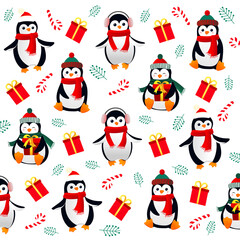 Decorative Christmas pattern with сute penguins and gifts