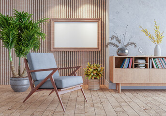 3D mockup photo frame with houseplant in living room rendering