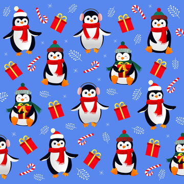 Decorative Christmas pattern with сute penguins and gifts