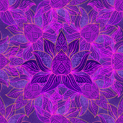 Vector ornamental Lotus Bohemian floral paisley seamless ornament. Folk henna tattoo style pattern. Indian style. Vintage ornate vector wallpaper. Astrology, alchemy, spirit, magic.