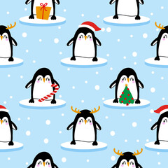 Penguin pattern design with several penguins - funny hand drawn doodle, seamless pattern. Lettering poster or t-shirt textile graphic design. Xmas wallpaper, wrapping paper, packaging, background.